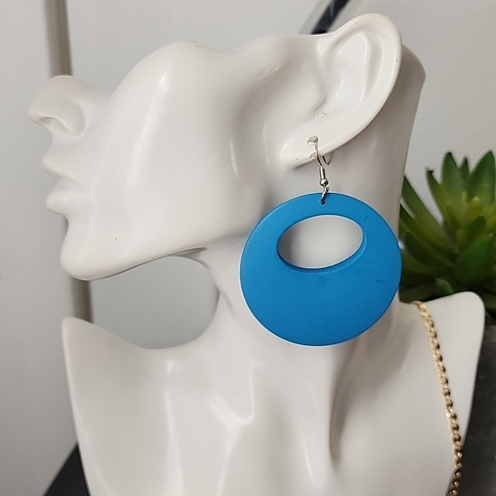 Turquoise Blue Wood Mod Circle Hoop Earrings